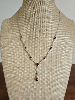 Silver-tone Red Stone Drop Necklace